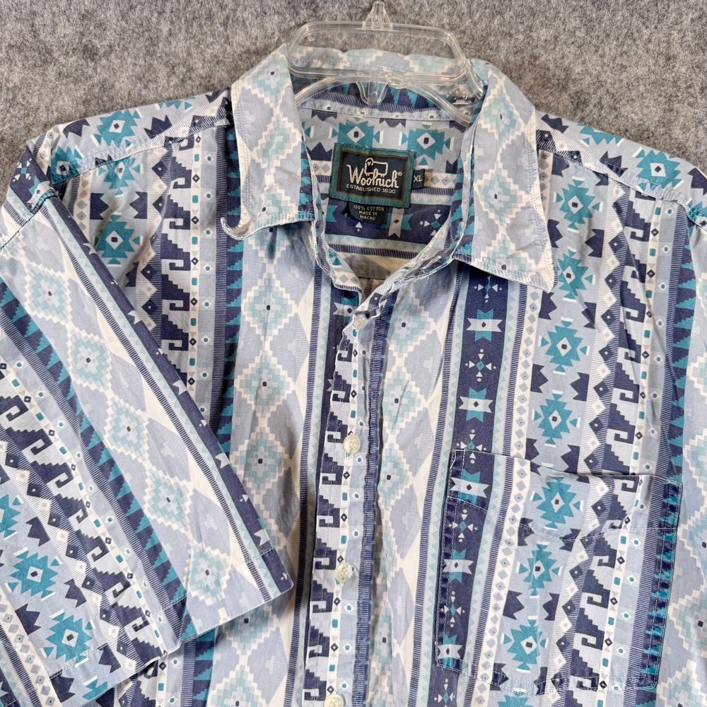 Vtg Woolrich Button Down Shirt Men XL Blue Southwestern Aztec 90s Barn Rodeo